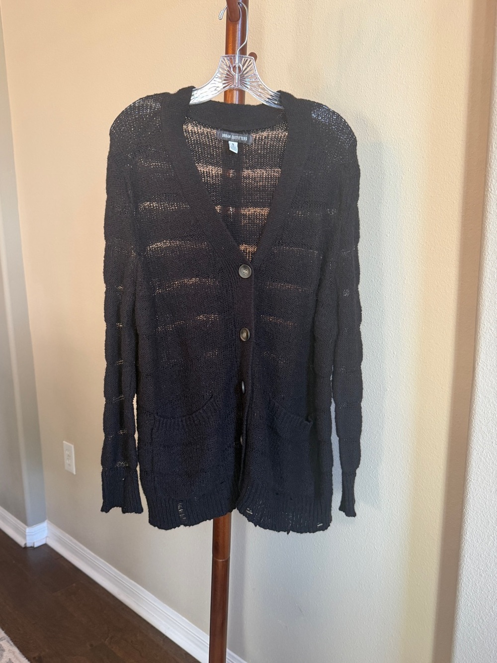 Urban Outfitters Black Open Knit Cardigan Oversized Distressed Size M